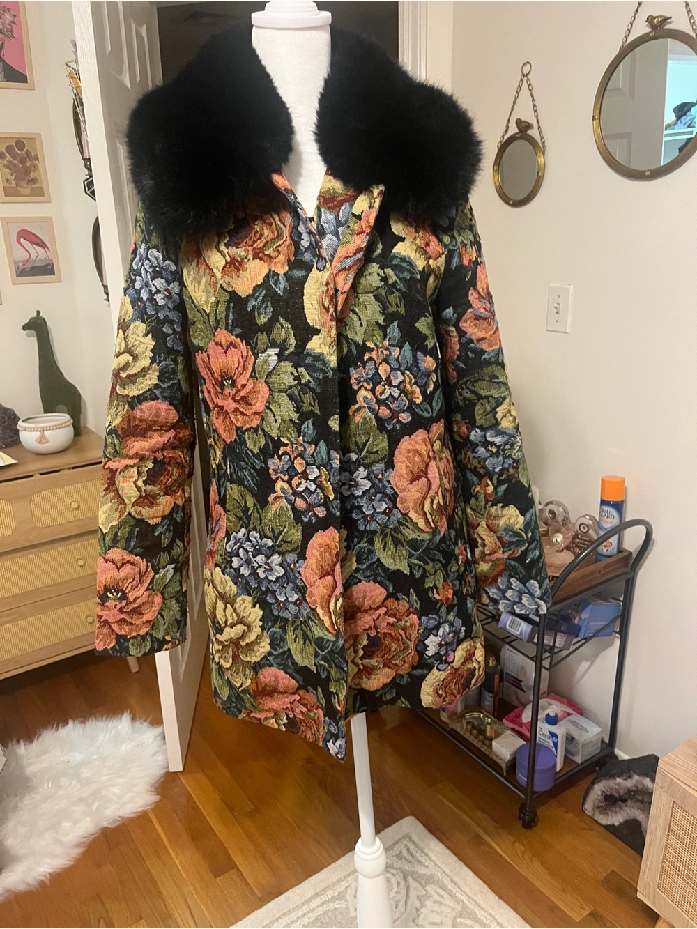Unreal Fur Multicolor Floral Tapestry Pea Coat with Black Fur Collar